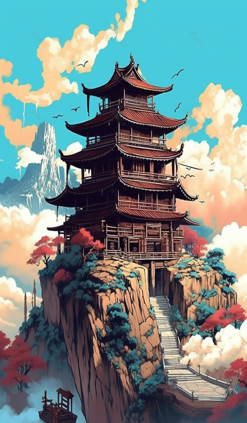 中国风高塔房屋楼台古风建筑在山峰上面山水竖版插画,插画/手绘图,插画/手绘图库,插画/手绘图下载,插画/手绘